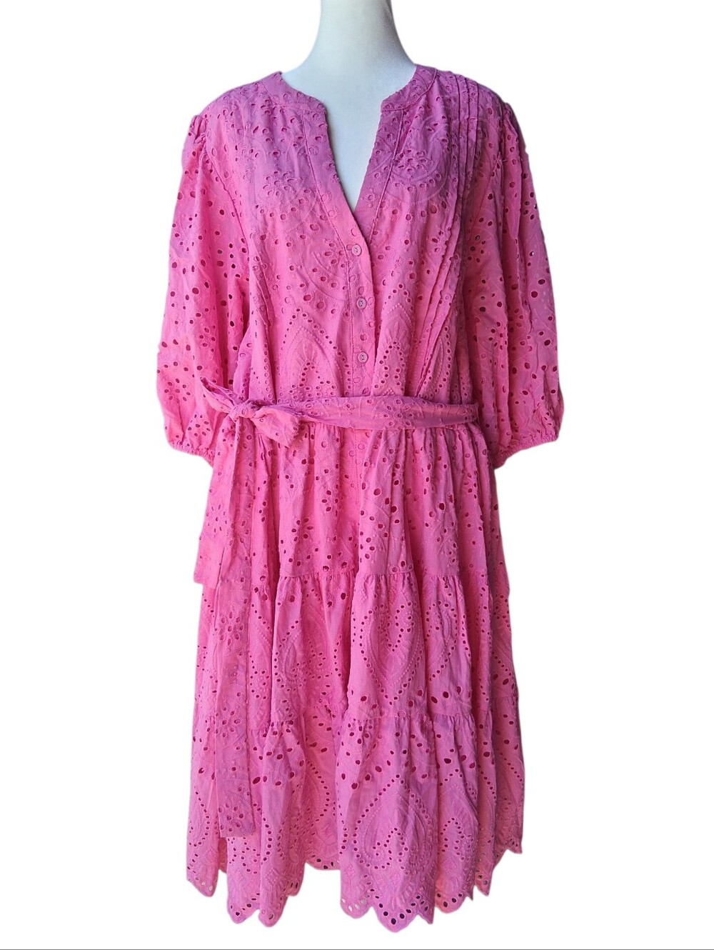 Gibson Latimer Eyelet Puff Sleeve Belted Dress XXL Magenta 100% Cotton